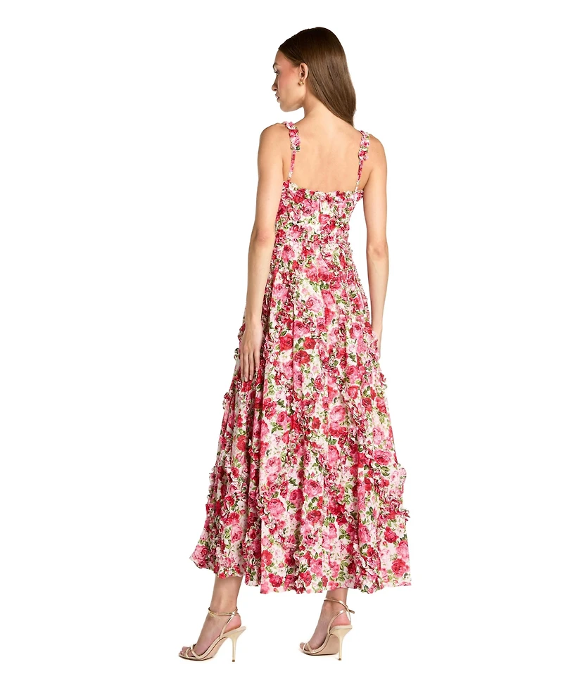 Mac Duggal Women's Petite Floral Cotton Ruffle Square Neck Ankle Dress