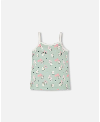 Deux par Girls Cotton Tank Underwear Green Kitten Print