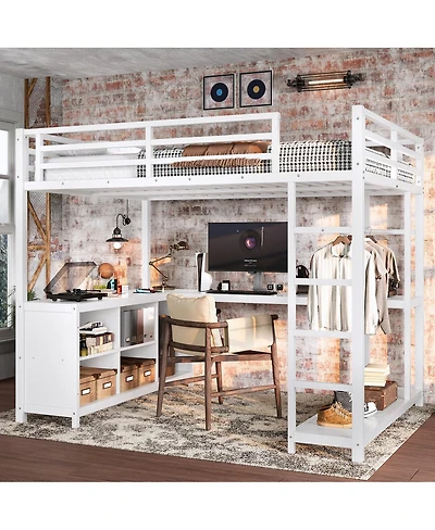 Streamdale Furniture Metal Loft Bed with Wardrobe, L-shaped Desk & Storage - Full Size