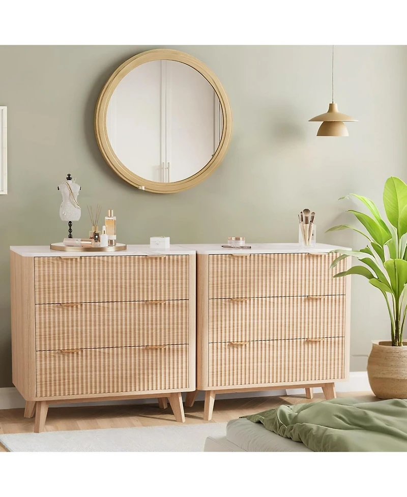 gaomon 2PCS Fluted Nightstand, Modern 3 Drawer Bedside Table with Faux Marble Top