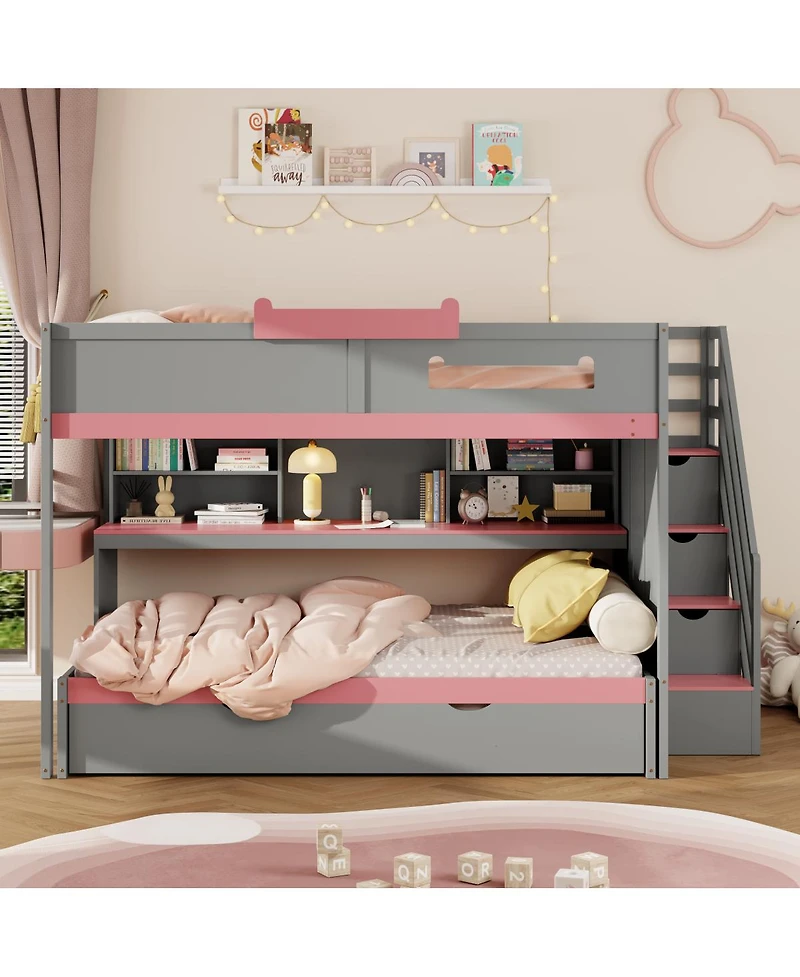 Streamdale Furniture Full Over Full Bunk Bed with Twin Size Trundle and Staircase, Shelves