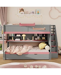Streamdale Furniture Full Over Full Bunk Bed with Twin Size Trundle and Staircase, Shelves