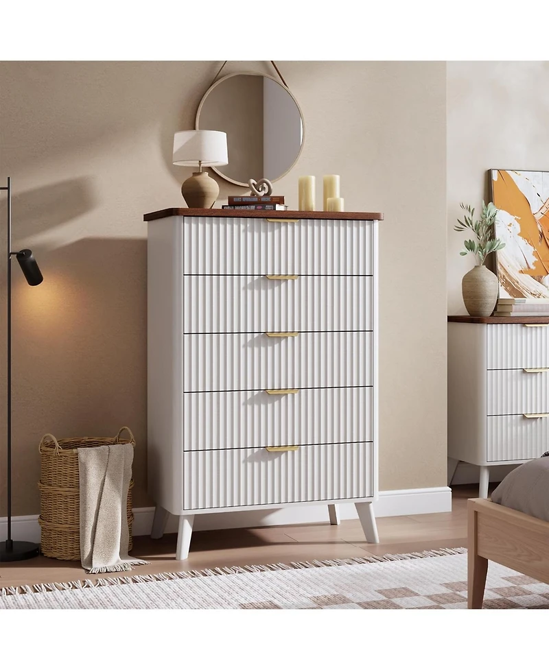 gaomon Fluted Dresser for Bedroom with 5 Deep Drawers, 47.2" Tall Chest of Drawers, Curved Profile Design, Modern Wooden Dresser, for Living Room