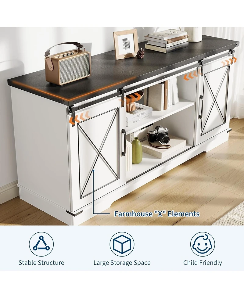 gaomon Farmhouse 59" Tv Stand Up to 65 Inches, Mid Century Modern Entertainment Center with Storage Cabinets