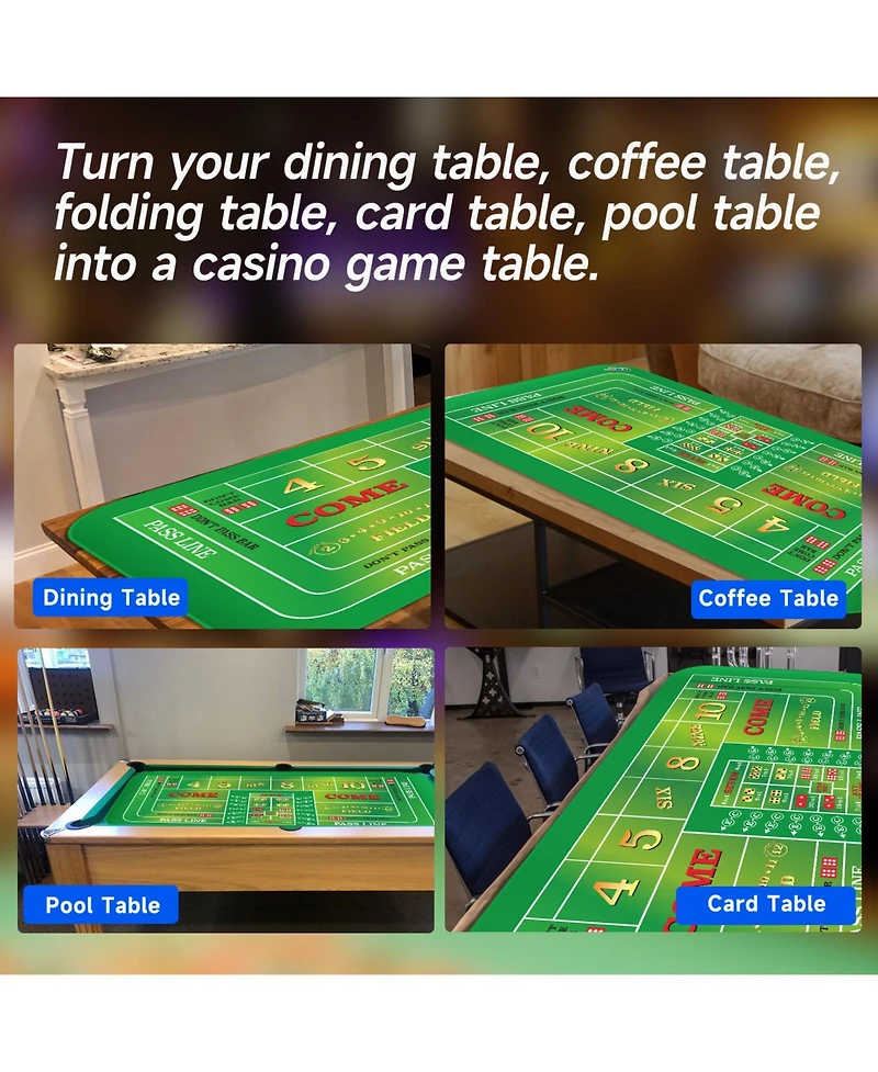 Gse Games & Sports Expert 70" x 35" Casino Craps Tabletop Layout Mat with Carrying Bag, Non-Slip Rubber Layout Mat