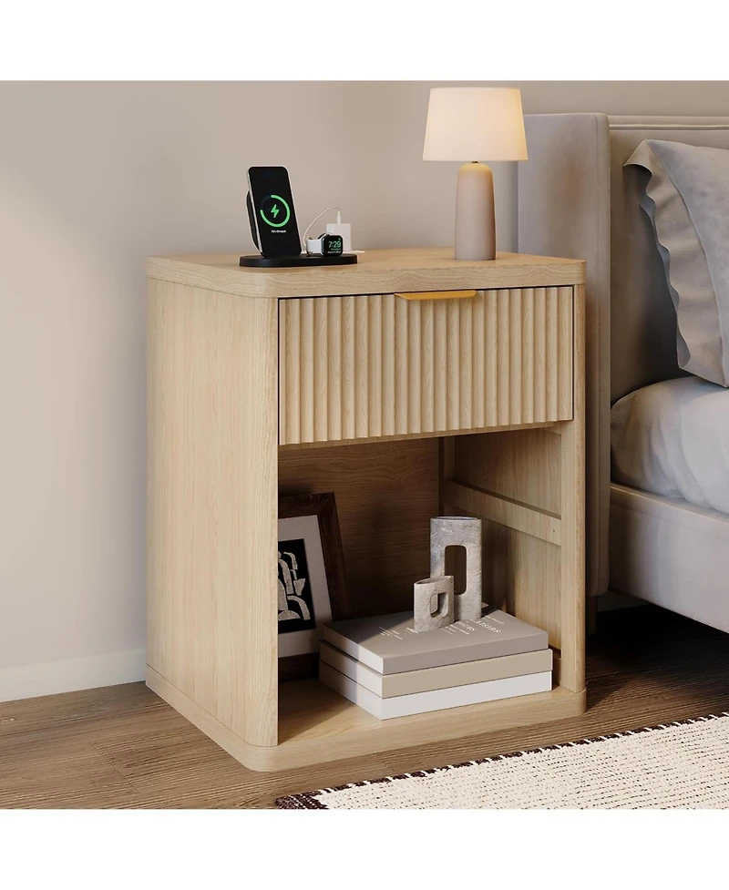 gaomon Fluted Nightstand with Charging Station