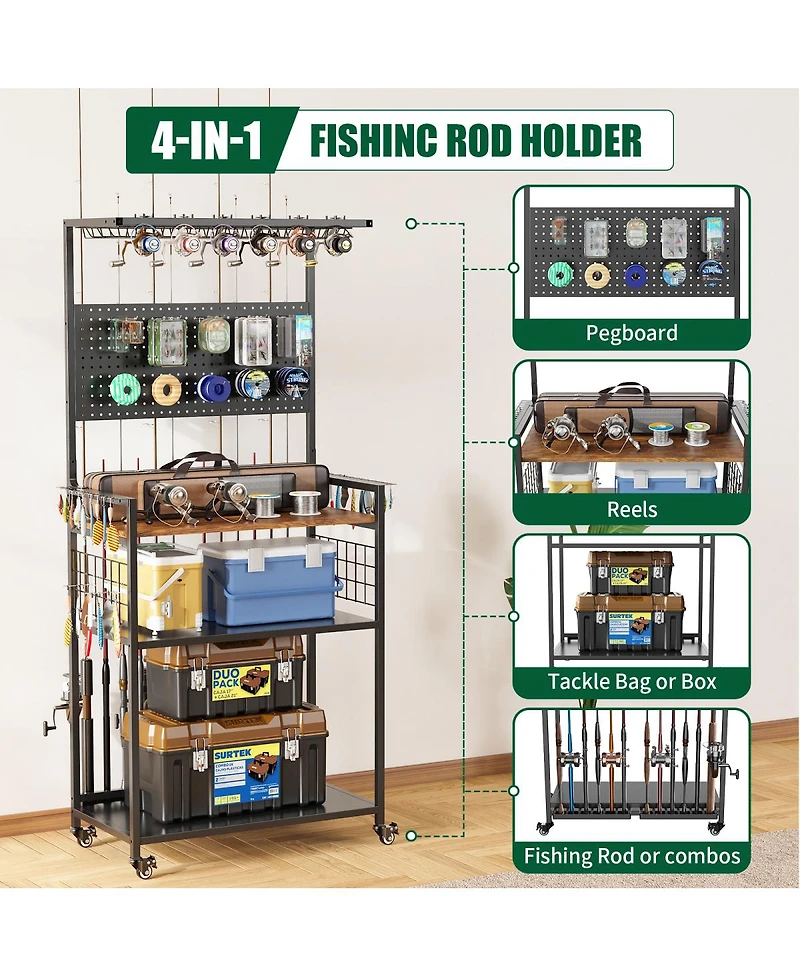 Streamdale Furniture Fishing Rod Storage Rack & Tackle Organizer Cart with Wheels
