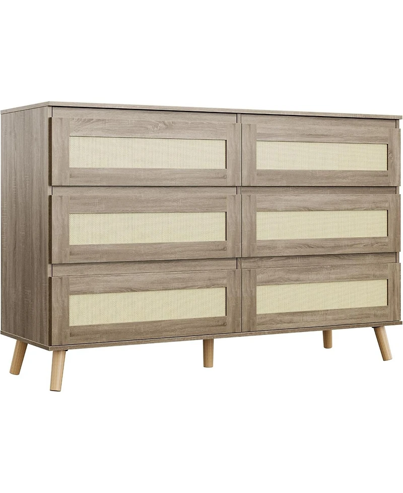 gaomon Wooden Dresser with 6 Drawers Wide Chest of Drawers with Rattan Fronts Boho Style
