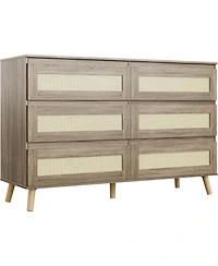 gaomon Wooden Dresser with 6 Drawers Wide Chest of Drawers with Rattan Fronts Boho Style