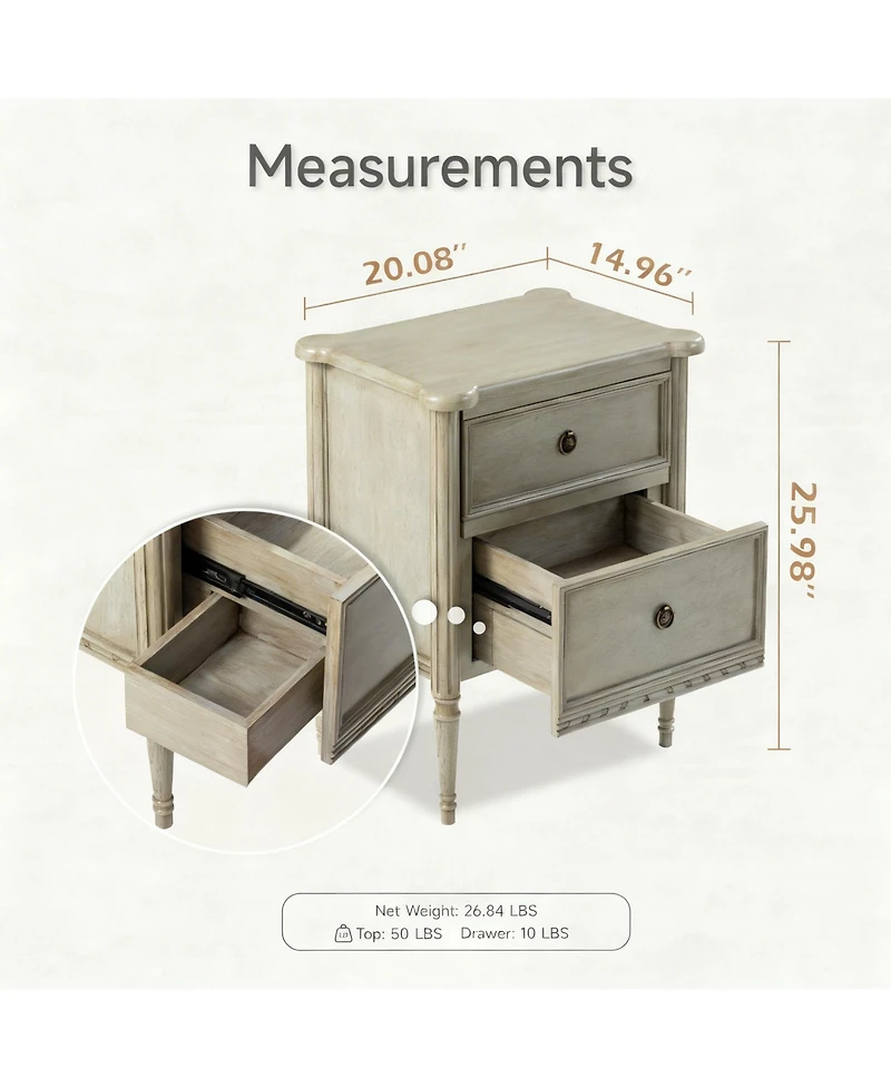 Yigii Wood 2 Drawer Farmhouse Nightstand with Antique Finish