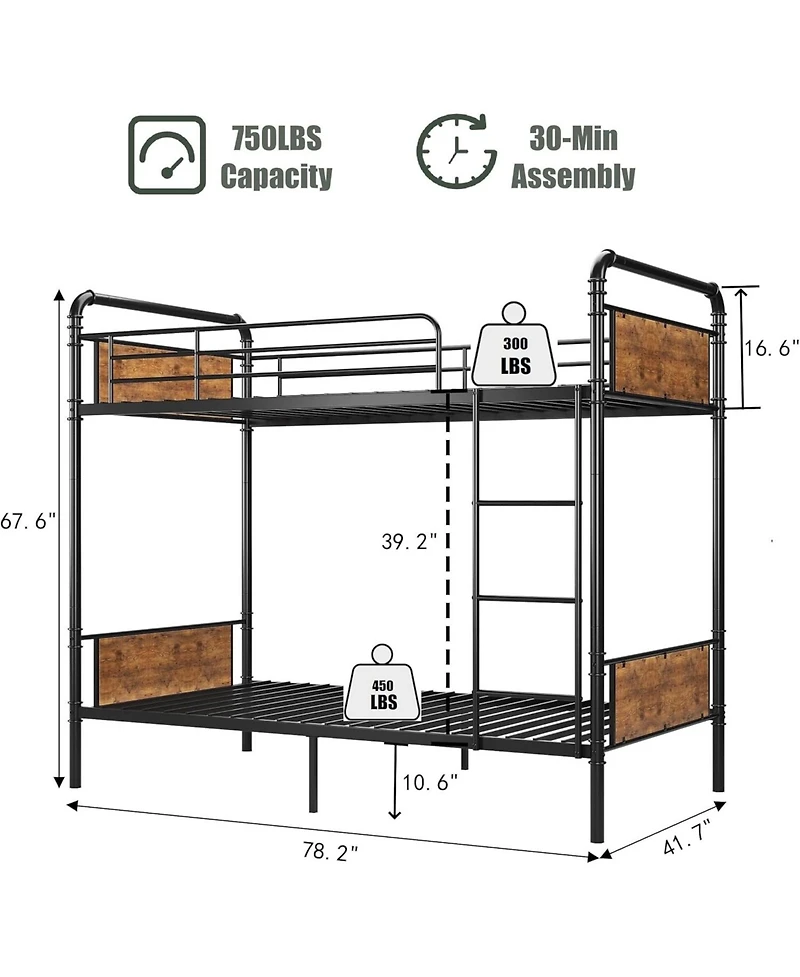 gaomon Twin Over Metal Bunk Bed with Ladder and High Guardrail, Convertible for Kids/Teens/Adults, Easy Assembly