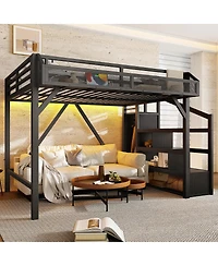 Streamdale Furniture Full Loft Bed with Storage Stairs, Shelves, Wardrobe, Usb, Led Lights
