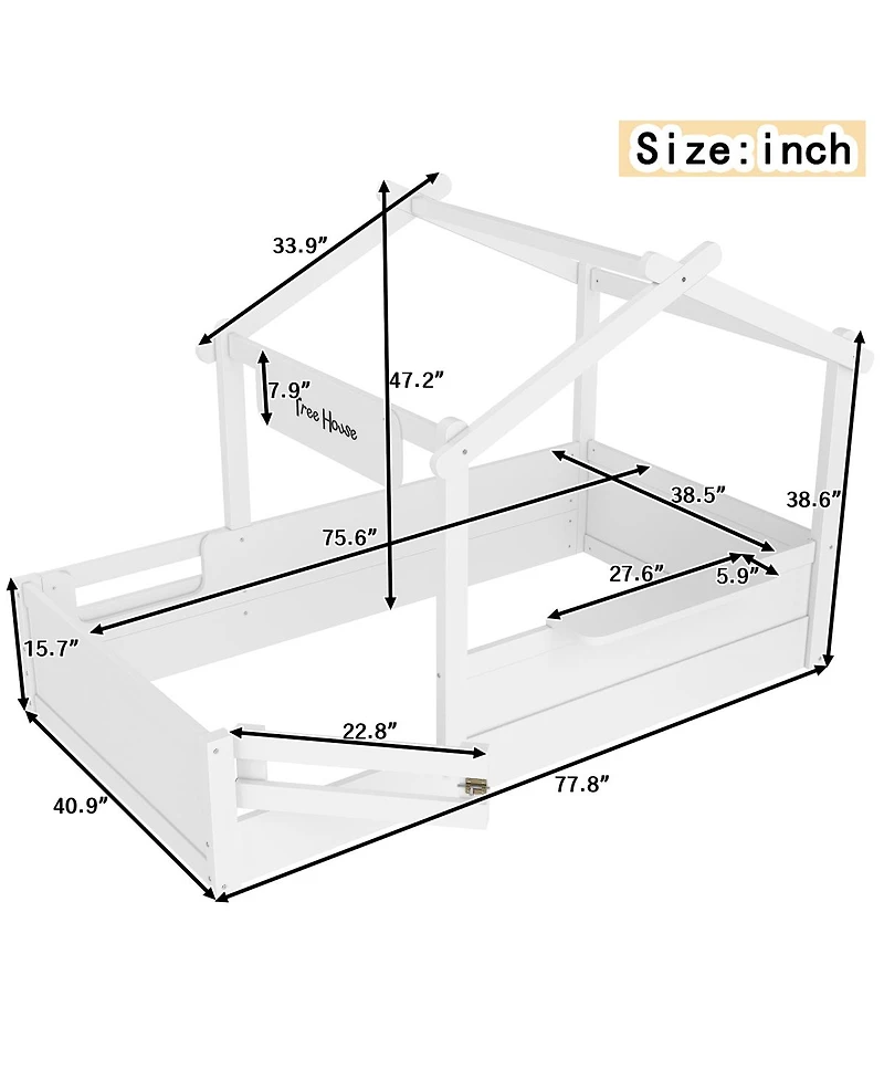 Streamdale Furniture Twin Size House Floor Bed with Guardrails, Roof, Tray & Signboard