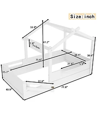 Streamdale Furniture Twin Size House Floor Bed with Guardrails, Roof, Tray & Signboard