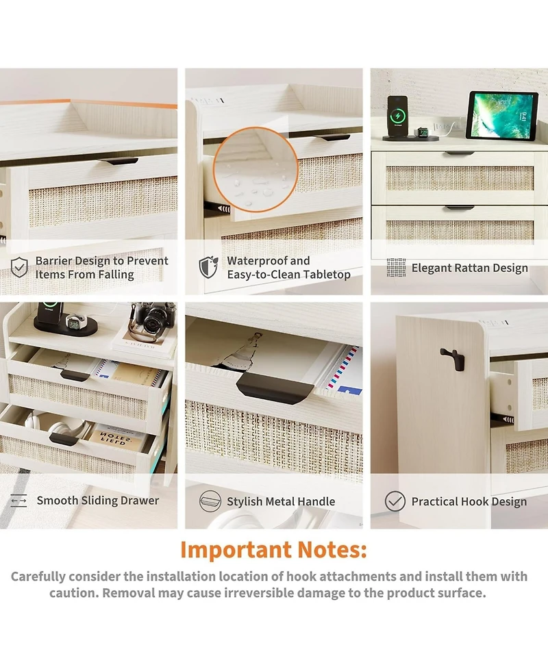 gaomon Rattan Bedside Table Nightstand, 2 Drawer, 1 Pcs Bedside Cabinet, Bedroom Organizer and Storage Cabinet