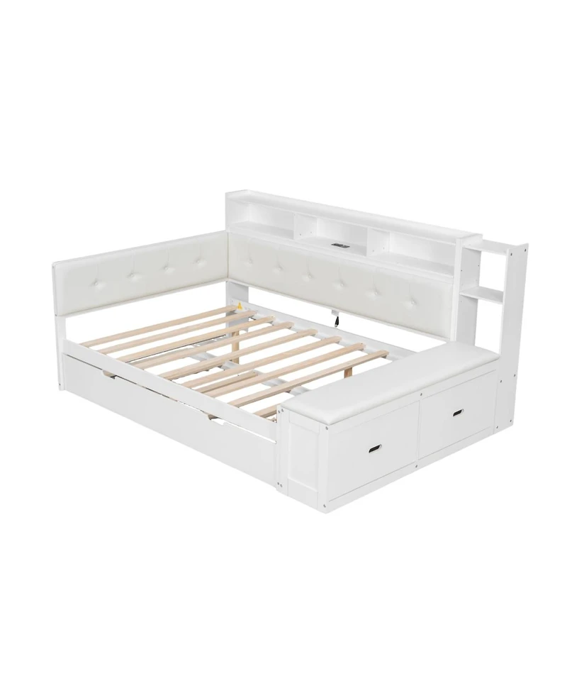 Streamdale Furniture Full Size Wood Daybed with Trundle, Storage, Charging Station, Cushion