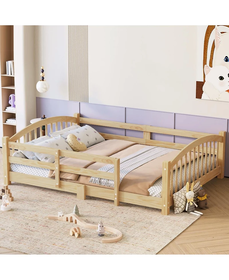 Streamdale Furniture Montessori Floor Bed with Slats & Guardrails, Solid Wood, Easy Assemble
