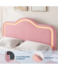 gaomon Upholstered Led Bed Frame with Adjustable Headboard and Footboard, Velvet Princess Platform Bedframe for Kids/Girls, Wooden Slats Support