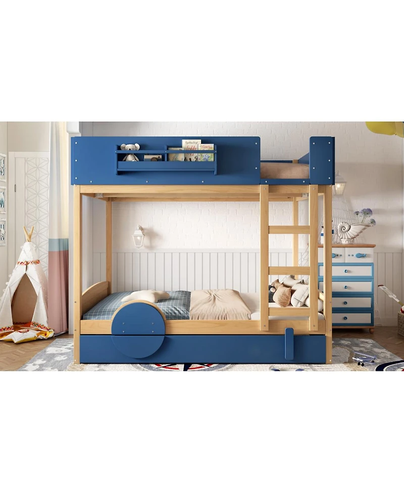 Streamdale Furniture Streamdale Bunk Bed with Trundle, Wood Bunk Bed Frame with Bookshelf