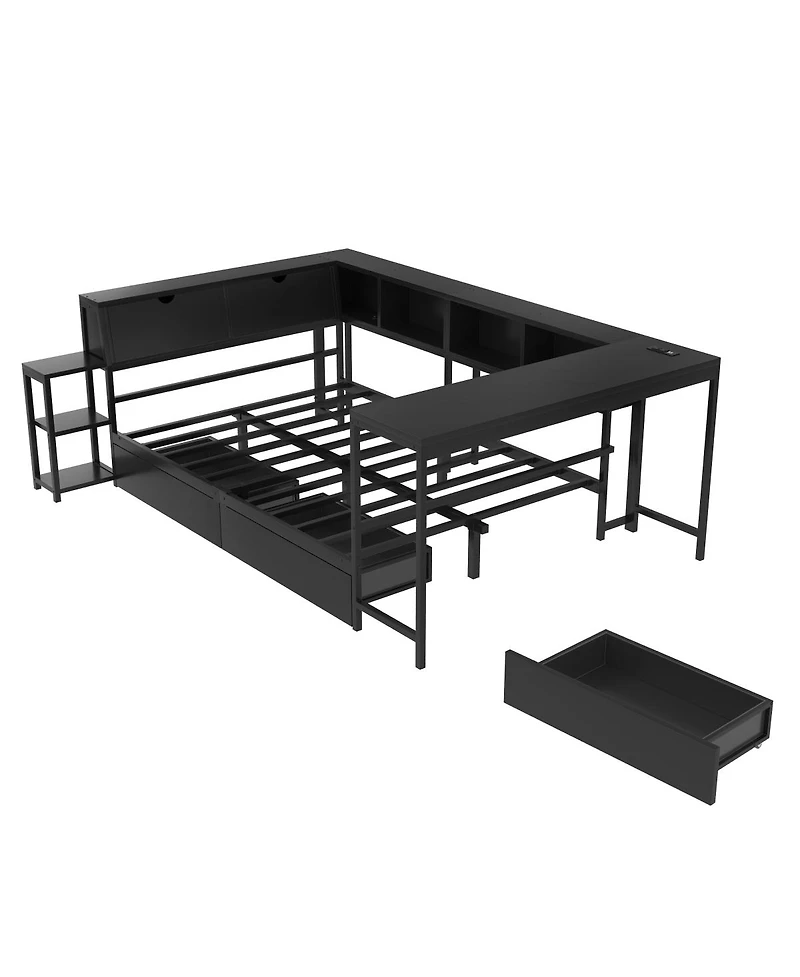 Streamdale Furniture Streamdale Corner Bed Frame with Bookcase, Led, Charging Station