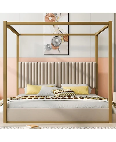 Streamdale King Size Beige Upholstery Canopy Platform Bed with Headboard & Metal Frame