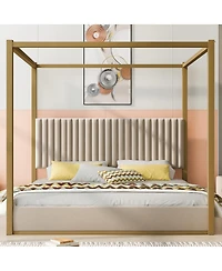 Streamdale King Size Beige Upholstery Canopy Platform Bed with Headboard & Metal Frame