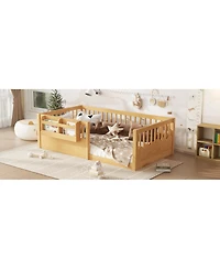 Streamdale Furniture Twin Floor Bed with Fence & Bookshelf, Natural Wood for Kids