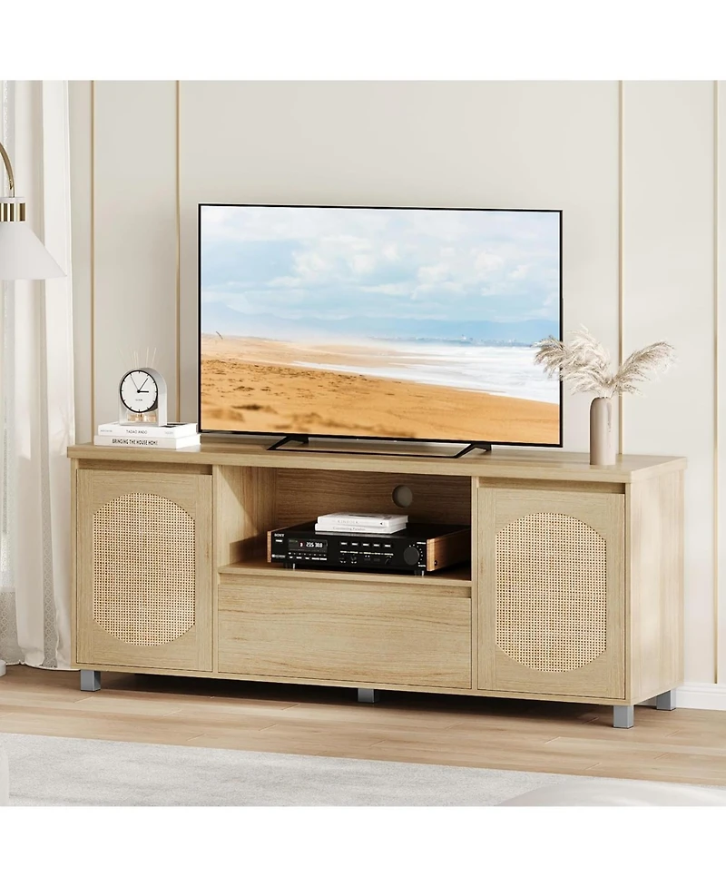 gaomon Rattan Tv Stand for 65 Inch Tv, Entertainment Center with Storage Drawer and Open Shelf, Wood