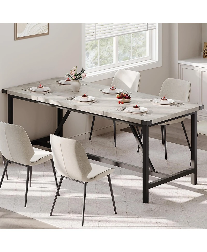 gaomon 70.87 Inch Large Farmhouse Dining Table with Wood Grain Engineered Panels and Sturdy Black Metal Legs Seats 6-8 Dual Use as Home Office Desk