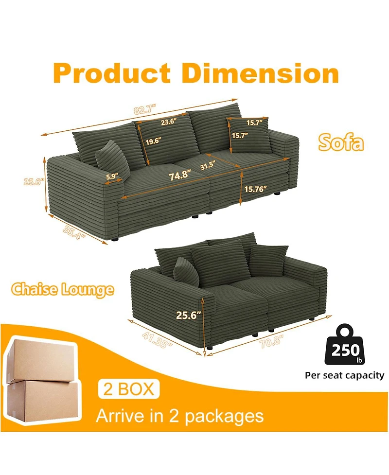 Streamdale Furniture 82.7" Plush Corduroy 3-Seat Sofa