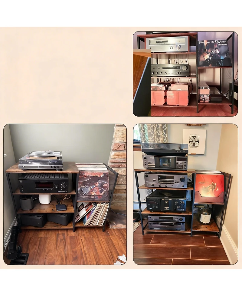 Yigii Rustic 6-Tier Media Cabinet with Adjustable Shelves and Record Holder