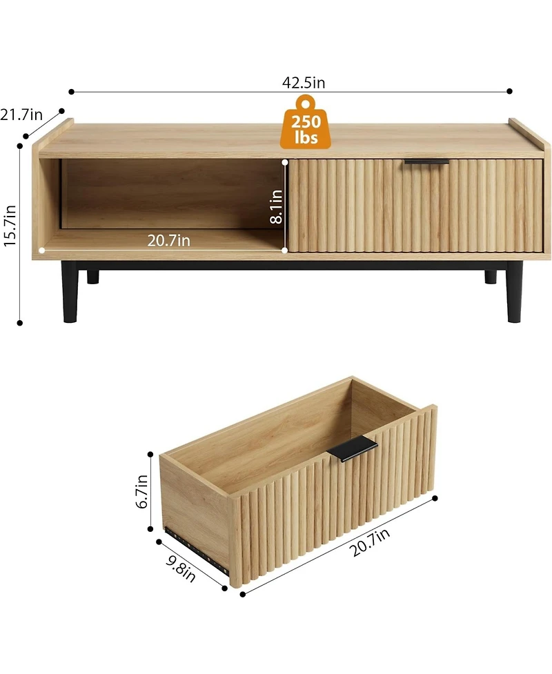 gaomon Coffee Table 42.5" Mid Century Modern Center Table with Drawer Fluted Living Room Table