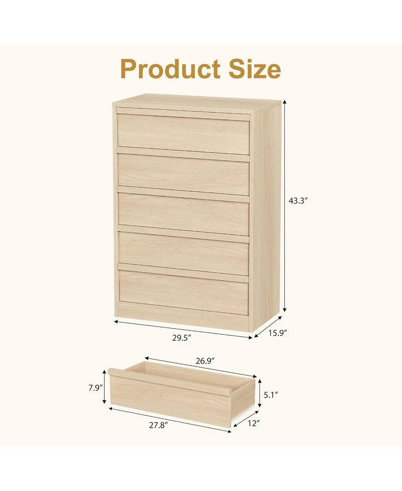 gaomon 5 Drawer Dresser for Bedroom, Modern 5 Chest of Drawers Tall with Large Drawers Storage, Wooden Dresser Organizer for Living Room