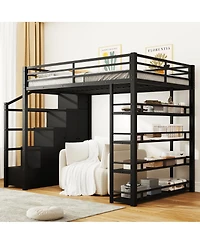 Streamdale Furniture Queen Size Metal Loft Bed with Storage Shelves, Cabinets and Wardrobe