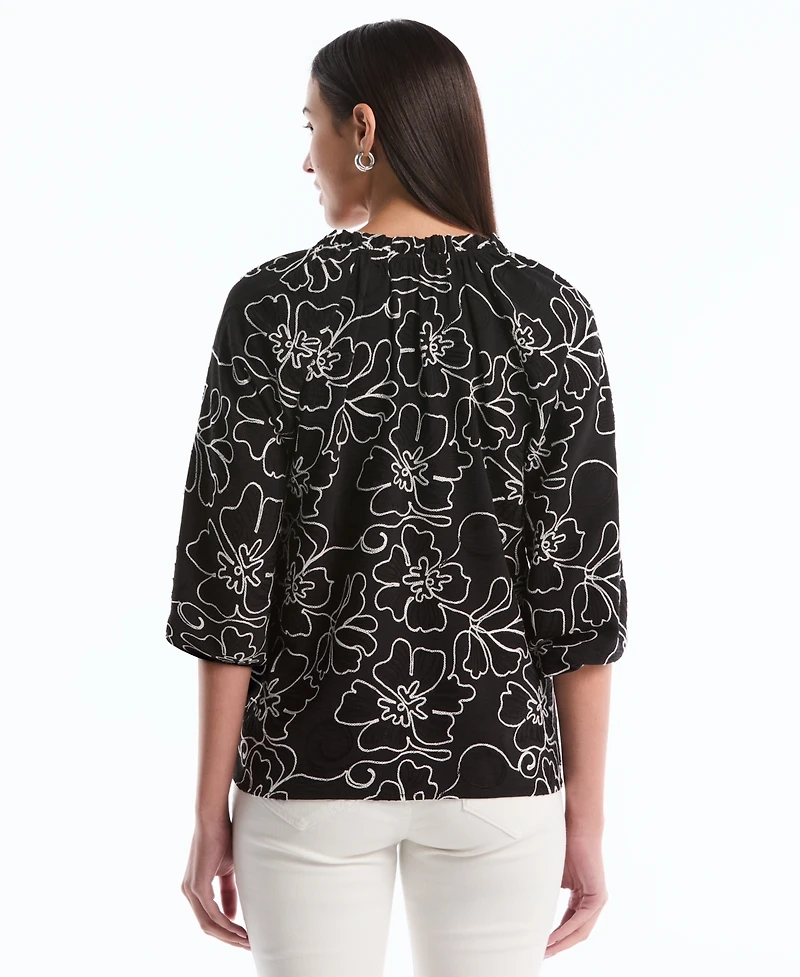 Rafaella Petite Floral Embroidered 3/4-Sleeve Blouse