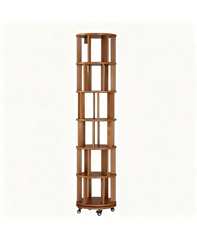Yigii Rotating 6-Tier Walnut Bookshelf with Wheels for Space-Efficient Storage