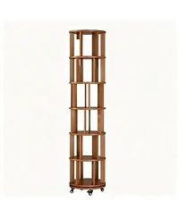 Yigii Rotating 6-Tier Walnut Bookshelf with Wheels for Space-Efficient Storage