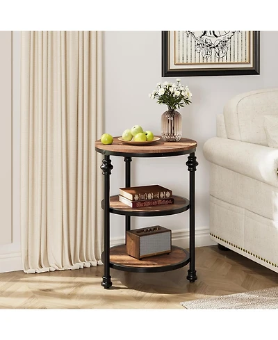 gaomon Round End Table, Small Side Table with 3 Shelves for Living Room, Bedroom, Night Stand Accent Coffee Table with Steel Frame