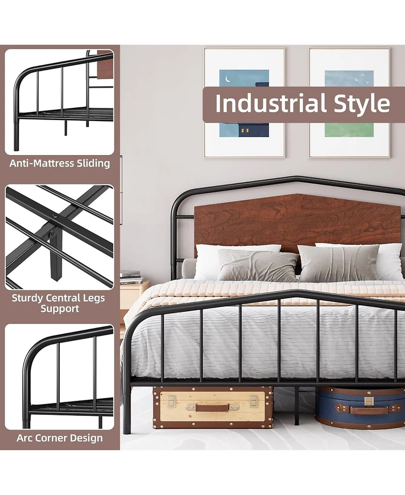 gaomon Metal Bed Frame with Wooden Headboard, Wrought Iron Metal Platform Bed Frame, Under Bed Storage, No Box Spring Required