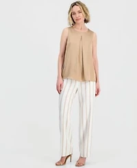 Kasper Womens Striped 3 4 Sleeve Double Breasted Blazer Pleated Satin Top Striped Clean Waist Pants