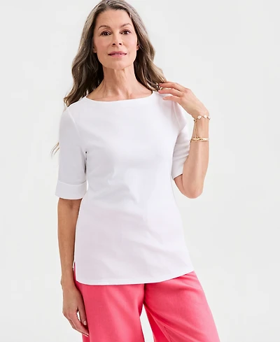 Style & Co Women's Boat-Neck Elbow Sleeve Cotton Top, Exclusively at Macy's