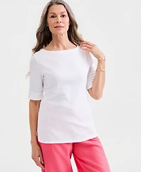 Style & Co Women's Boat-Neck Elbow Sleeve Cotton Top, Exclusively at Macy's