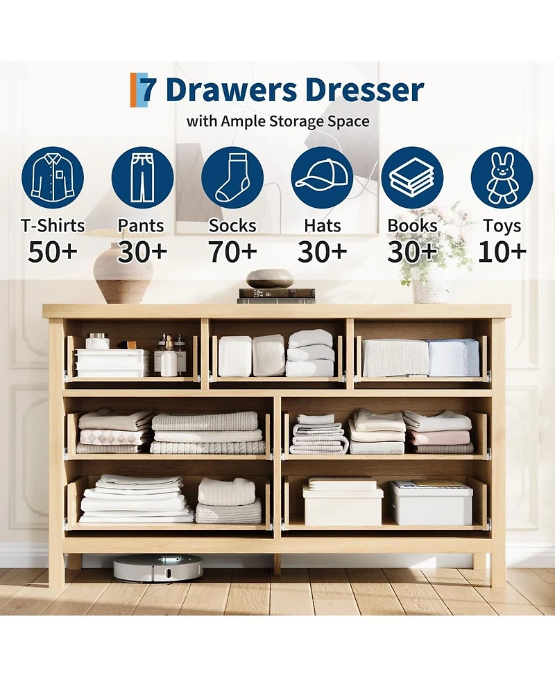 gaomon Fluted Dresser for Bedroom with 7 Drawers, 47.4 Wide Chest of Drawers Large Clothes Storage Cabinet, Wood