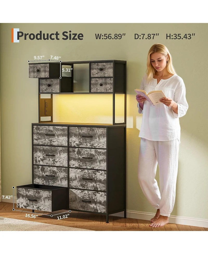 gaomon Dresser for Bedroom Drawer Fabric Chest with Led Lighting, Power Outlet and Open Shelves, Wood Top & Metal Frame for Bedroom, Hallway