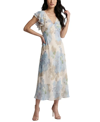 Taylor Women's Ruffle-Sleeve Floral V-Neck Dress