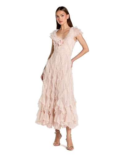 Mac Duggal Women's Micro Ruffle Cap Sleeve A-Line Midi Dress