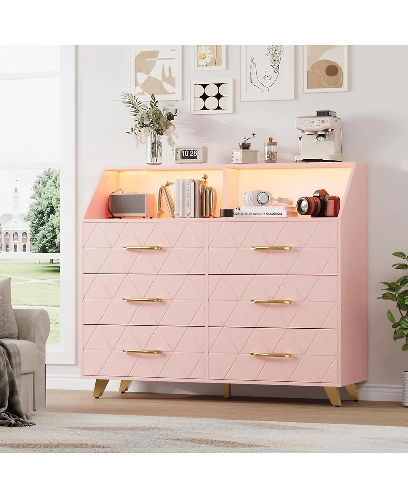 Gaomon Pink Dresser with Charging Station, Led Tv Stand, 6-Drawer Modern Wood Storage for Bedroom, Closet or Living Room