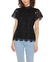 Belldini Women's Lace Front Mock Neck Top