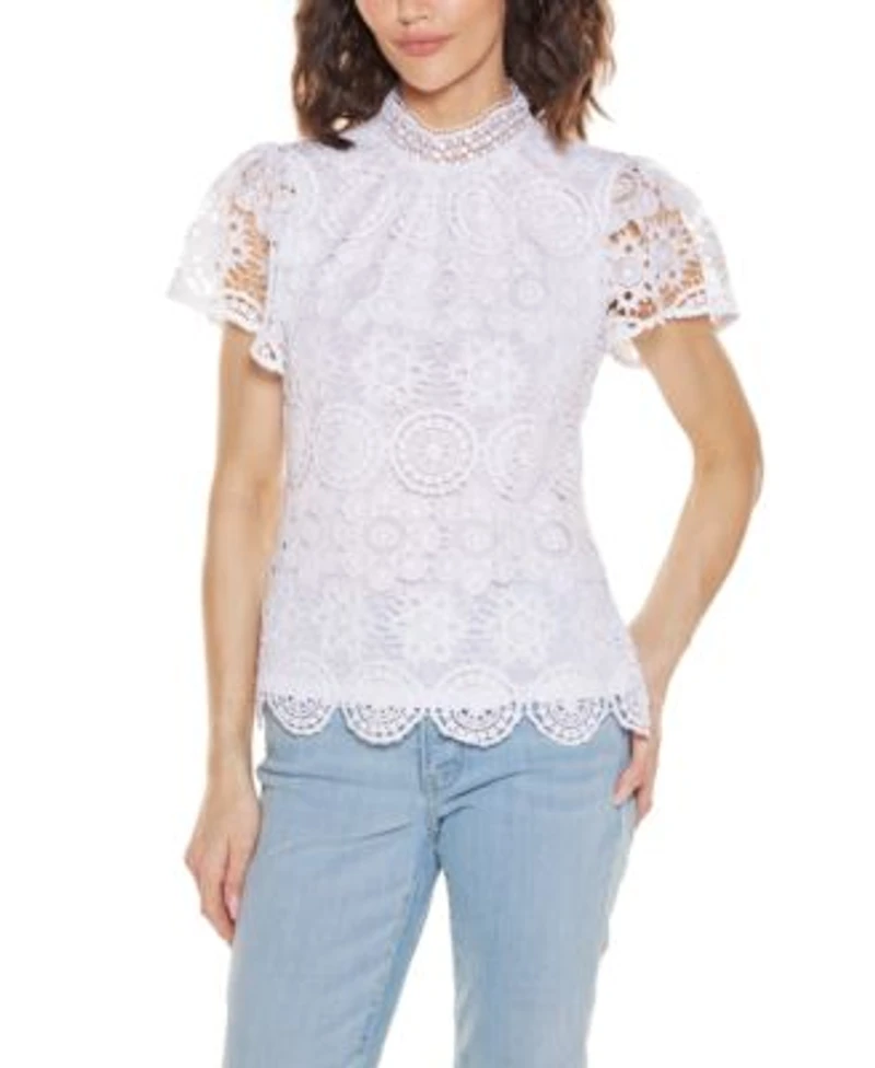 Belldini Womens Lace Front Mock Neck Top
