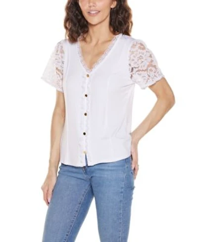 Belldini Womens Crochet Lace Sleeve V Neck Top